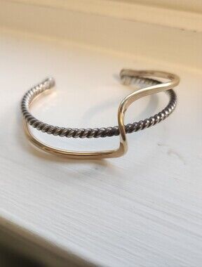Two-Tone Gold and Sterling Silver Twisted Wave Cuff Bracelet